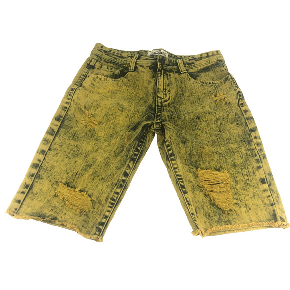 12am Nation Mens Distressed Denim Shorts Size 34 Mustard Yellow Black Acid Wash - Picture 1 of 15